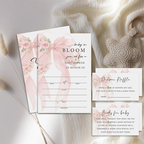 Pink Bow Floral Baby Shower Invitations for Girl ، Girl Baby Shower دعوات ، مجموعة من 25 دعوة مجموعة (تضمنت تذاكر السحب حفاضات وبطاقات طلب الكتب) بين الجنسين مستلزمات الحفلات /BB002 in Kuwait