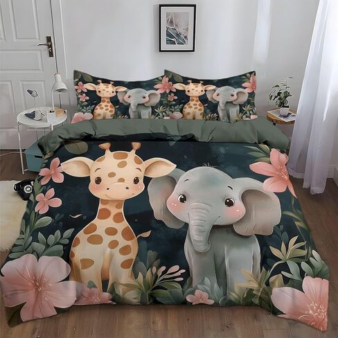 3pcs cartoon Giraffe Elephant Cover Cover Cover California King Bedding Sets ، Army Green Comforter Cover ، اثنين in Kuwait