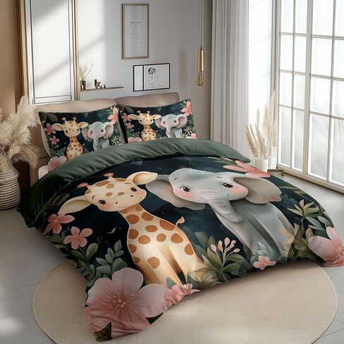 3pcs cartoon Giraffe Elephant Cover Cover Cover California King Bedding Sets ، Army Green Comforter Cover ، اثنين in Kuwait