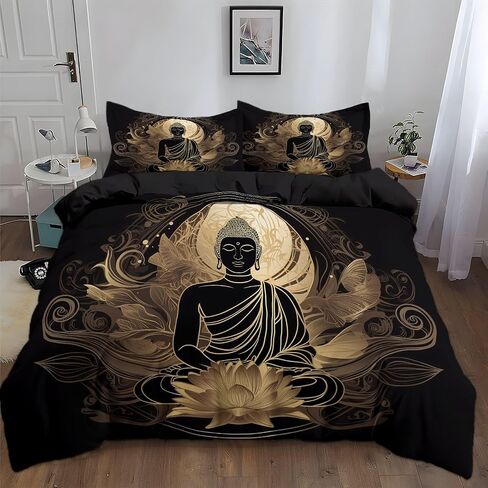 3PCS Lotus Statue Duvet Cover California King Bedding Sets, Black Comforter Quilt Cover, 2 Pillow Cases for Boys Girls Toddler Kids Bedding in Saudi Arabia
