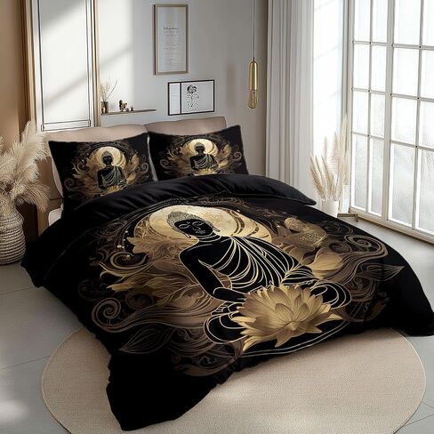 3PCS Lotus Statue Duvet Cover California King Bedding Sets, Black Comforter Quilt Cover, 2 Pillow Cases for Boys Girls Toddler Kids Bedding in Saudi Arabia