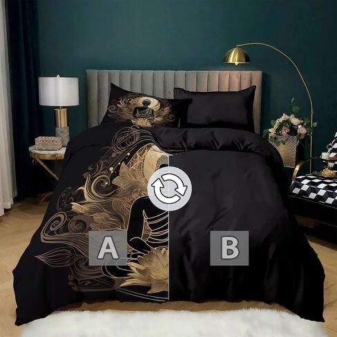 3PCS Lotus Statue Duvet Cover California King Bedding Sets, Black Comforter Quilt Cover, 2 Pillow Cases for Boys Girls Toddler Kids Bedding in Saudi Arabia