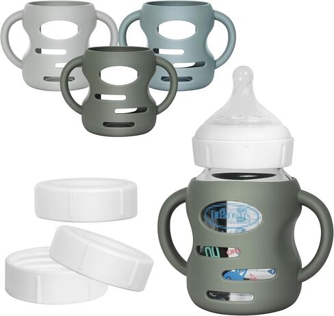 3 Pack Silicone Sleeves for Dr Brown Wide-Neck Glass Baby Bottles, Food GradeAnti Breakage Baby Bottle Holder with Handles and 3pcs Travel Bottle Caps, 5oz in Kuwait