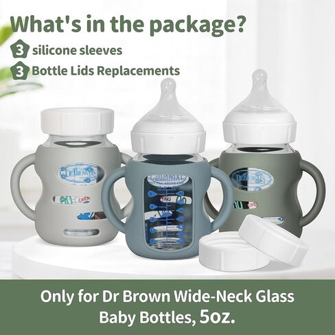 3 Pack Silicone Sleeves for Dr Brown Wide-Neck Glass Baby Bottles, Food GradeAnti Breakage Baby Bottle Holder with Handles and 3pcs Travel Bottle Caps, 5oz in Kuwait
