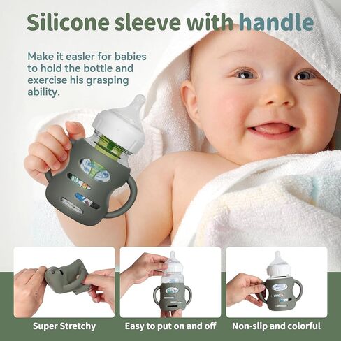 3 Pack Silicone Sleeves for Dr Brown Wide-Neck Glass Baby Bottles, Food GradeAnti Breakage Baby Bottle Holder with Handles and 3pcs Travel Bottle Caps, 5oz in Kuwait