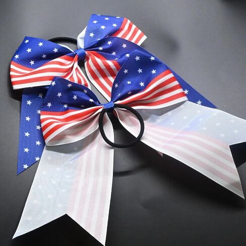4PCS 4th of July Cheer Hair Bows 8" Patriotic Flag Festival Cheerleading Bow with Ponytail Holder Elastic Band Hair Accessories Cheer Bows in Kuwait