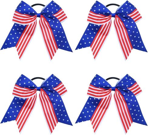 4PCS 4th of July Cheer Hair Bows 8" Patriotic Flag Festival Cheerleading Bow with Ponytail Holder Elastic Band Hair Accessories Cheer Bows in Kuwait