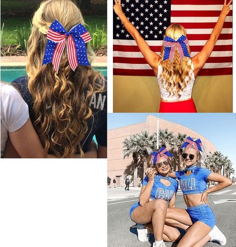 4PCS 4th of July Cheer Hair Bows 8" Patriotic Flag Festival Cheerleading Bow with Ponytail Holder Elastic Band Hair Accessories Cheer Bows in Kuwait