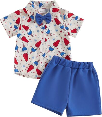 Toddler Baby Boy 2Pcs 4th of July Outfit Set American Flag Short Sleeve Down Collar Shirt Shorts Set Summer Clothes in Saudi Arabia