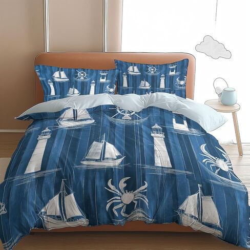 Lighthouse Duvet Cover Set 2 Pieces Toddler, 1 Comforter Cover 40 X 60 Inches and 1 Pillowcases for Kids & Adults, Brushed Microfiber Bedding Set Comfy and Breathable, Blue in Saudi Arabia