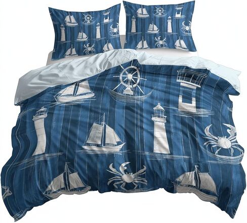 Lighthouse Duvet Cover Set 2 Pieces Toddler, 1 Comforter Cover 40 X 60 Inches and 1 Pillowcases for Kids & Adults, Brushed Microfiber Bedding Set Comfy and Breathable, Blue in Saudi Arabia