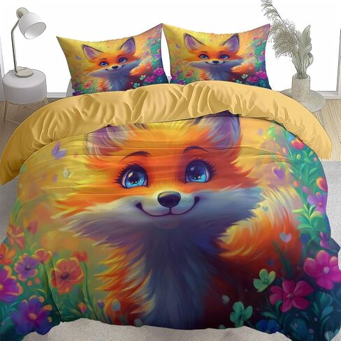 Toddler Duvet Cover 40 X 60 Inches - Cartoon Fox, Brushed Microfiber Reversible Comforter Cover, 2 Pieces Soft & Breathable Yellow Bedding Set with 1 Pillow Shams 20 X 30 Inches in Kuwait