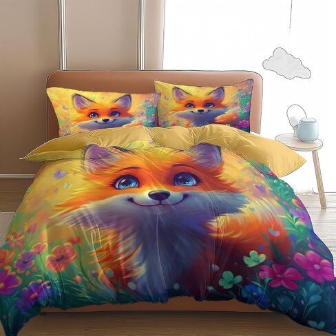 Toddler Duvet Cover 40 X 60 Inches - Cartoon Fox, Brushed Microfiber Reversible Comforter Cover, 2 Pieces Soft & Breathable Yellow Bedding Set with 1 Pillow Shams 20 X 30 Inches in Kuwait