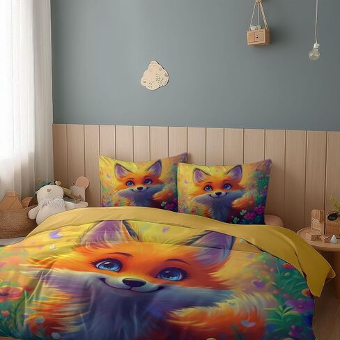 Toddler Duvet Cover 40 X 60 Inches - Cartoon Fox, Brushed Microfiber Reversible Comforter Cover, 2 Pieces Soft & Breathable Yellow Bedding Set with 1 Pillow Shams 20 X 30 Inches in Kuwait