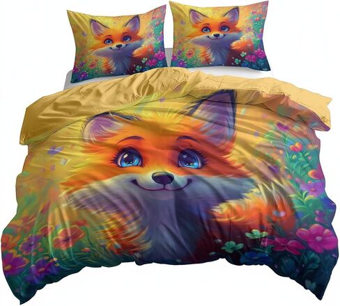 Toddler Duvet Cover 40 X 60 Inches - Cartoon Fox, Brushed Microfiber Reversible Comforter Cover, 2 Pieces Soft & Breathable Yellow Bedding Set with 1 Pillow Shams 20 X 30 Inches in Kuwait