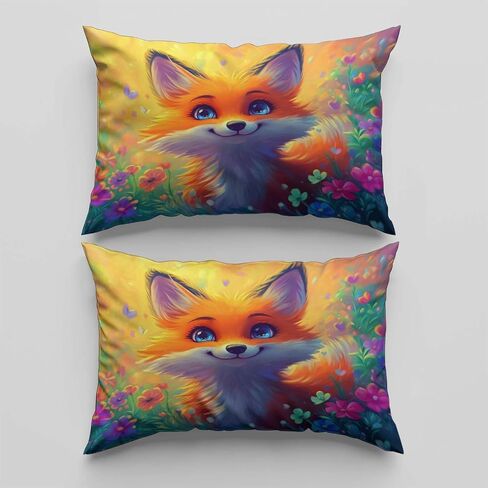 Toddler Duvet Cover 40 X 60 Inches - Cartoon Fox, Brushed Microfiber Reversible Comforter Cover, 2 Pieces Soft & Breathable Yellow Bedding Set with 1 Pillow Shams 20 X 30 Inches in Kuwait