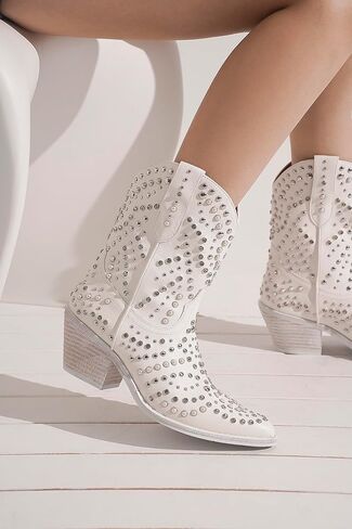 Women's Purple Studded Rhinestone Pearl Western-Modern Fusion Boots - Pointed Toe, Block Heel, Pull-On - Size Women's Boot in Saudi Arabia