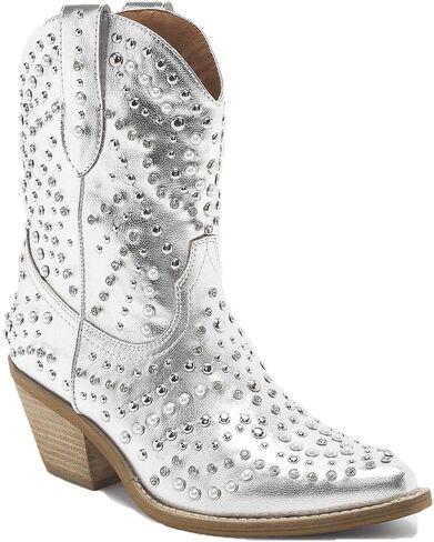 Women's Purple Studded Rhinestone Pearl Western-Modern Fusion Boots - Pointed Toe, Block Heel, Pull-On - Size Women's Boot in Saudi Arabia