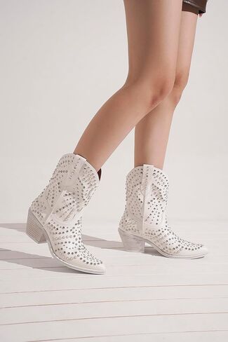Women's Purple Studded Rhinestone Pearl Western-Modern Fusion Boots - Pointed Toe, Block Heel, Pull-On - Size Women's Boot in Saudi Arabia