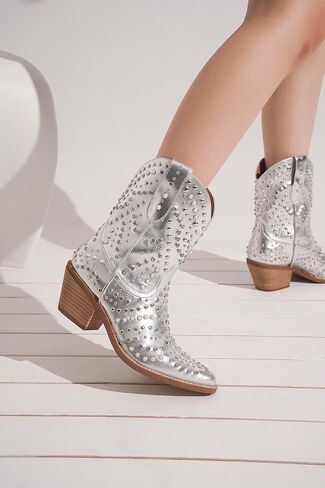 Women's Purple Studded Rhinestone Pearl Western-Modern Fusion Boots - Pointed Toe, Block Heel, Pull-On - Size Women's Boot in Saudi Arabia