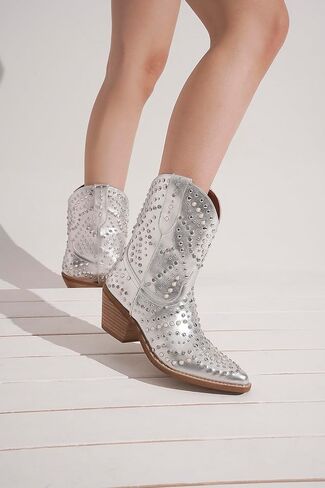Women's Purple Studded Rhinestone Pearl Western-Modern Fusion Boots - Pointed Toe, Block Heel, Pull-On - Size Women's Boot in Saudi Arabia