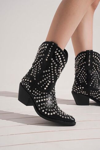 Women's Purple Studded Rhinestone Pearl Western-Modern Fusion Boots - Pointed Toe, Block Heel, Pull-On - Size Women's Boot in Saudi Arabia