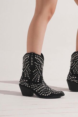 Women's Purple Studded Rhinestone Pearl Western-Modern Fusion Boots - Pointed Toe, Block Heel, Pull-On - Size Women's Boot in Saudi Arabia