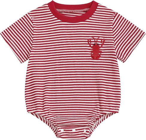 Infant Baby Girl Crawfish Outfit Lobster Embroidered Stripe Short Sleeve Bubble Romper Bodysuit Cute Summer Clothes in Saudi Arabia