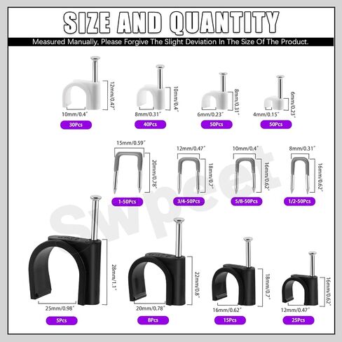 Swpeet 423Pcs 8Sizes 4MM-25MM Cable Clips with Steel Nail and 4Sizes 0.31" 0.4" 0.47" 0.59" Insulated U Staple Nail Assortment Kit, Round Cable Wire Clips Metal Cable Staple for Fixing Wires Cables﻿ in Kuwait