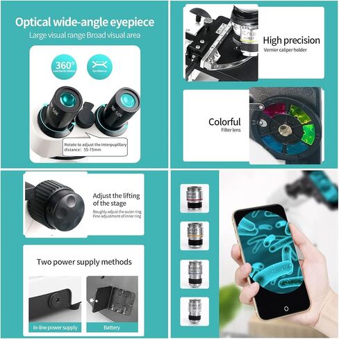 Binocular Compound Microscope, 40X-6000X/ 10000X/ 20000X Magnification, Brightfield, LED Illumination, Sliding Head, High-Resolution Optics, Lab Binocular Microscope for Kids and Adults (D6000x ) in Kuwait