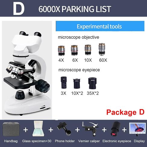 Binocular Compound Microscope, 40X-6000X/ 10000X/ 20000X Magnification, Brightfield, LED Illumination, Sliding Head, High-Resolution Optics, Lab Binocular Microscope for Kids and Adults (D6000x ) in Kuwait