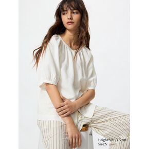 Uniqlo Linen Blend Volume Sleeve Blouse