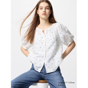 Uniqlo Linen Blend Volume Sleeve Blouse | Printed