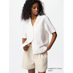 Uniqlo Linen Blend Open Collar Shirt | Short Sleeve | Striped