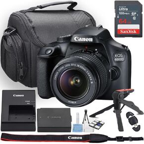 Canon EOS 4000D/Rebel T100 DSLR Camera W/EF-S 18-55mm F/3.5-5.6 III Lens + Camera Case + 64GB Memory + Deluxe Starter Kit + Hand Grip Stabilizer Tripod + More (13PC Bundle) (Rened) (READED)