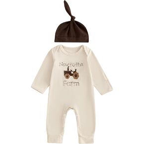 Fall Outfit Newborn Baby Boy One Piece Clothes Farm Tractor Long Sleeve Romper Jumpsuit Hat Set