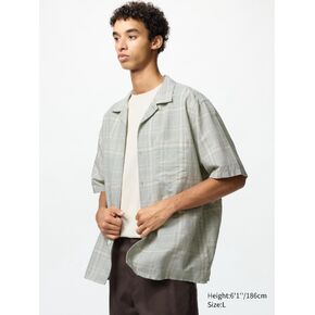 Uniqlo Cotton Linen Open Collar Shirt | Short Sleeve | Checked