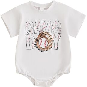 Baby Boys Girls Baseball Outfit Short Sleeve Game Day Print Oversized Bubble Romper Bodysuit One Piece Summer Clothes