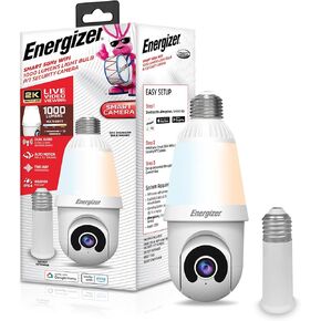 Energizer Smart 2K Light Bulb Security Camera, 1000 Lumens LED Light, 5GHz & 2.4GHz Wi-Fi Outdoor Socket Camera, Auto Tracking, Pan and Tilt, Night Vision, 2-Way Audio, Works with Google Home & Alexa