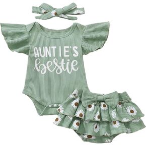 Aunties Bestie Baby Girl Clothes Aunt Saying Letter Romper Tiered Ruffle Daisy Skirt Skort Newborn Coming Home Outfit