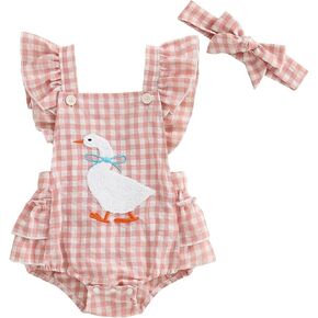 Summer Baby Girl Clothes Goose Embroidery Romper Ruffle Sleeveless Jumpsuit Bodysuit Headband Infant Plaid Outfit
