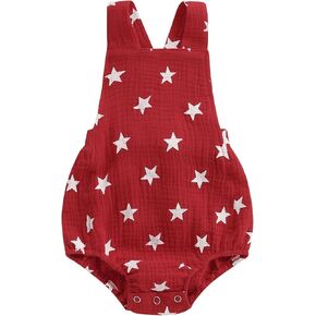 Baby Boy Girl 4th of July Clothes Stars Print Romper Overalls Cotton Linen Sleeveless Bodysuit Memorial Day Outfit