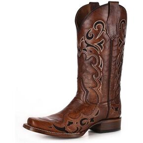 Circle G LADIE'S BROWN/BLACK EMBROIDERY SQ. TOE, LEATHER SOLE, WESTERN L5557