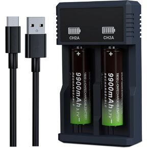 18650 Rechargeable Battery Set Including 6pcs 3.7v 9900mAh Button Top Batteries and 1 Charger for Flashlights Headlamps Toys Cameras
