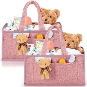 2 Pcs Large Baby Diaper Caddy Organizers Nursery Diaper Storage Bin with Handle Doll Ornament Portable Baby Basket for Changing Table Shower Favor Car New Mom 13. 8" x 9. 8" x 7. 1"(Pink)