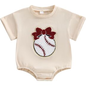 Baby Girl Boy Baseball Romper Embroidery Bow Short Sleeve Bodysuit Newborn Coming Home Outfit Summer Clothes