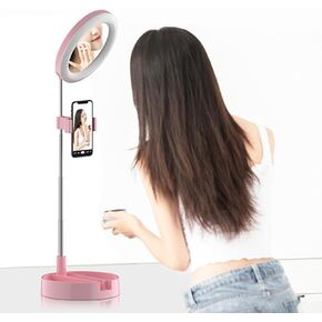 Folding Telescopic Integrated Fill Light Makeup Mirror Live Broadcast Bracket, Folding Mirror Camera Mount Laptop Ring Light Mirror Brackets Phone Rack with Light LED Light