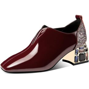 TinaCus Patent Leather Women's Handmade Classic Square Toe Mid Chunky Heel Slip On Glitter Loafer Pump Shoes with Rhinestone