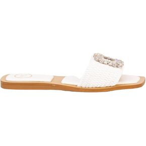 MAKERS SHOES GIA 3, Crystal Embellished Slide Sandals, Woven Band, White,Black and Natural