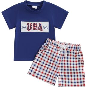 Toddler Baby 4th of July Outfit Boy Girl USA Short Sleeve T-shirt With Plaid Shorts Patriotic Baby Clothes